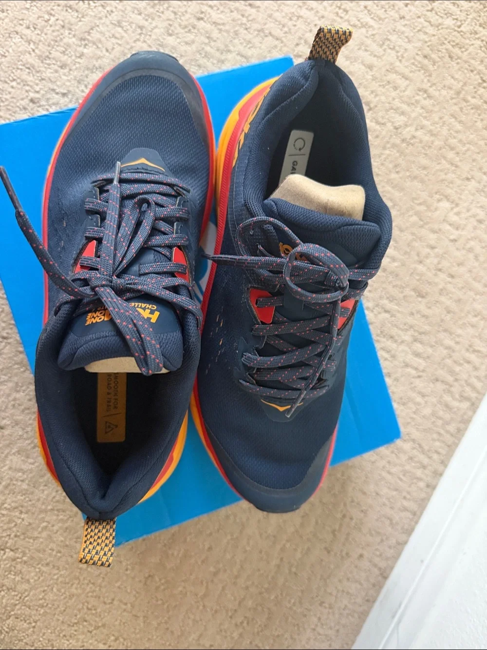 Hoka Challenger ATR 6 Navy Road/Trail Shoes with Red & Gold Accents - Like New